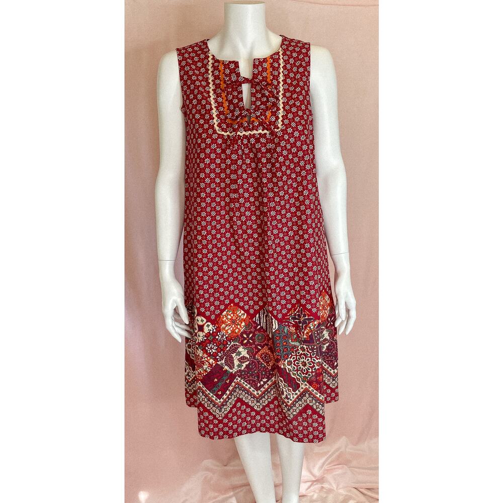 VINTAGE 1960's Bohemian Red Patchwork Ric Rac Dress SMALL - Picture 11 of 16